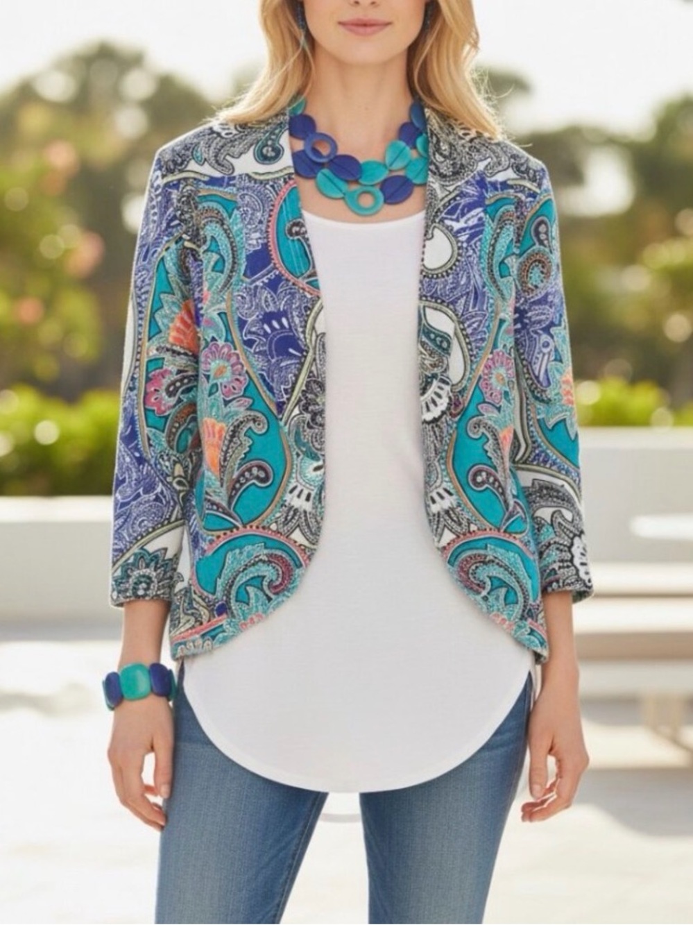 Chico's Paisley Linen Drape Open Front Cardigan Jacket Size 2 (US 14)